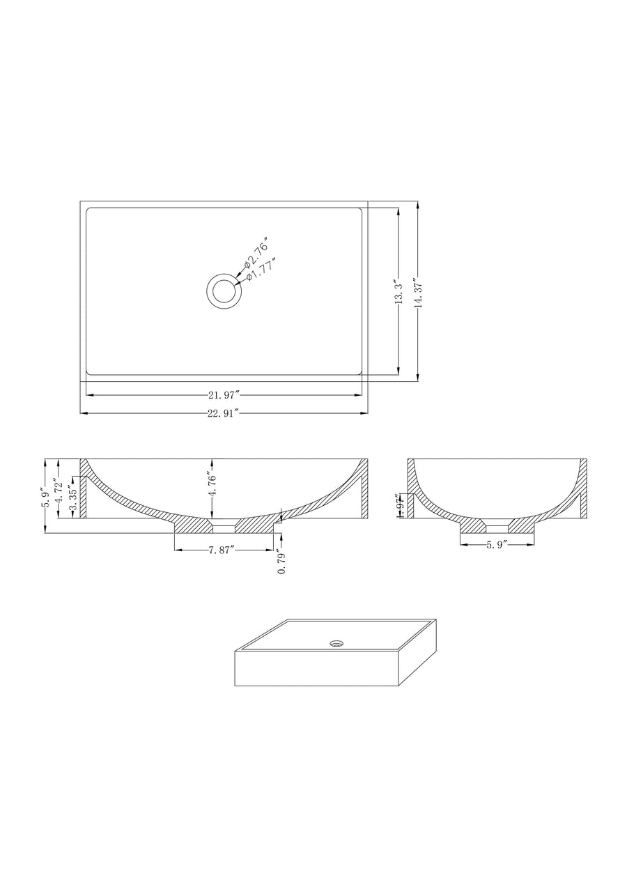 Modesto - 23" Rectangular Concrete Counter Top Sink (Contemporary Concrete)