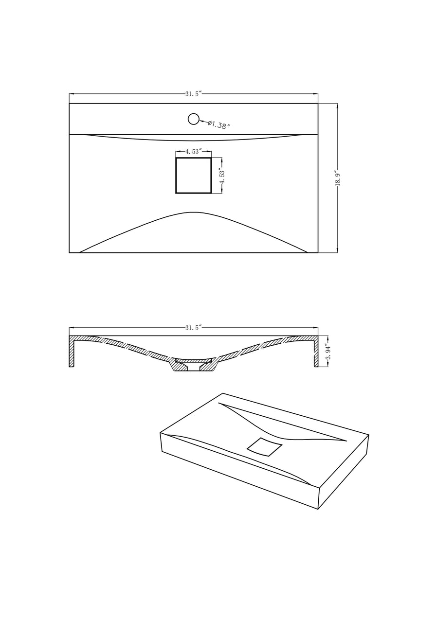 Maverick - 31.5" Rectangular Concrete Wave Bowl Counter Top Sink (Contemporary Concrete)